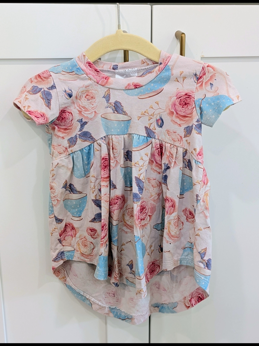 Girls Pink Floral & Blue Teacup Dress Top